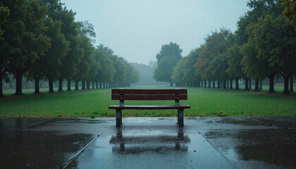 Obraz premium Lone bench in an empty park during heavy rain with overcast sky and occasional water splashes