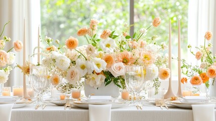 Cozy, intimate wedding reception table with modern floral arrangements, candles, and delicate tableware for an elegant celebration.