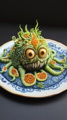 Fototapeta premium A grotesque green creature with orange spots on a plate