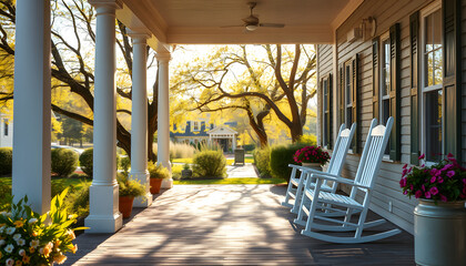 Southern country living covered front porch summer spring day tree sunlight warm sunshine white rocking chairs , with white tonespng