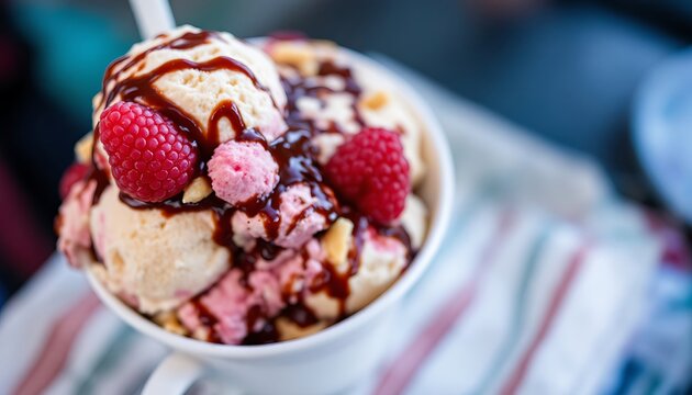 Ice cream dessert with raspberries and chocolate sauce in a white cup close up food photography