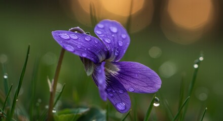 Purple Violet Blossom Covered in Water Droplets Among Green Grass