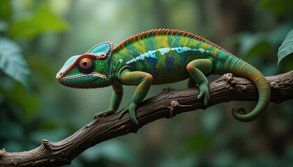 Obraz premium As it scuttles along a twisted jungle limb, a colorful chameleon changes its color