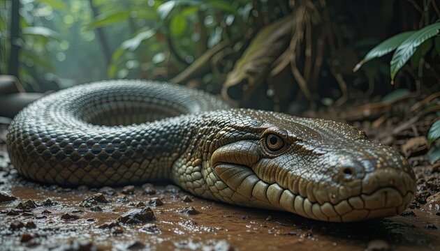 The scales of a gigantic anaconda shimmer in the humidity as it slithers across the muddy jungle floor