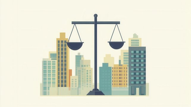 A balanced scale in the foreground with a cityscape background, symbolizing justice and fairness in urban life.
