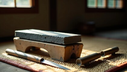 Blacksmith tools resting on a wooden stand in a workshop  