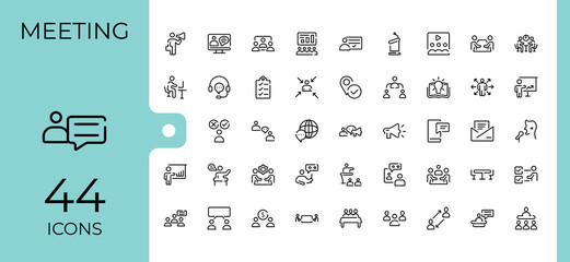 Conference icon set. Included symbol, teamwork, meeting, presentation, leader, online and more. UI icons set in a thin style. Line linear icon collection. Pixel perfect. Vector collections.