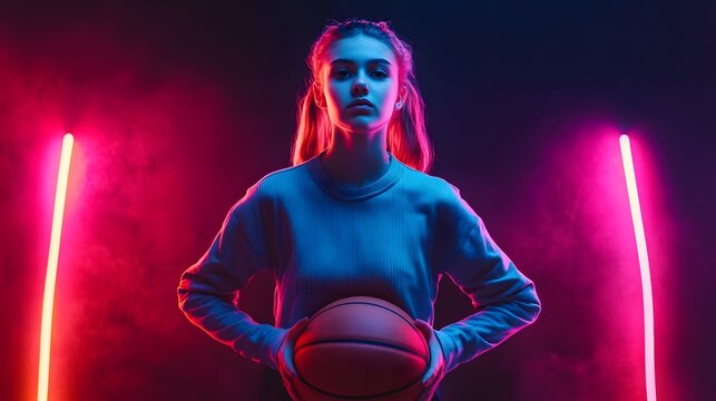 Young Woman Basketball Player Neon Lights Background