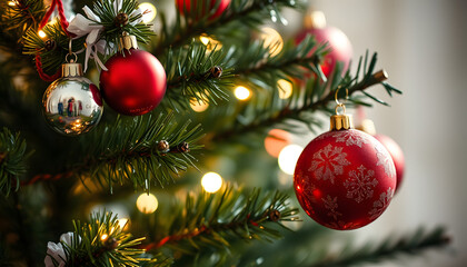 Christmas Tree With Baubles And Blurred Shiny Lights , with white tonespng