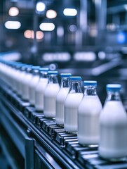 Obraz premium Milk Bottles on Conveyor Belt