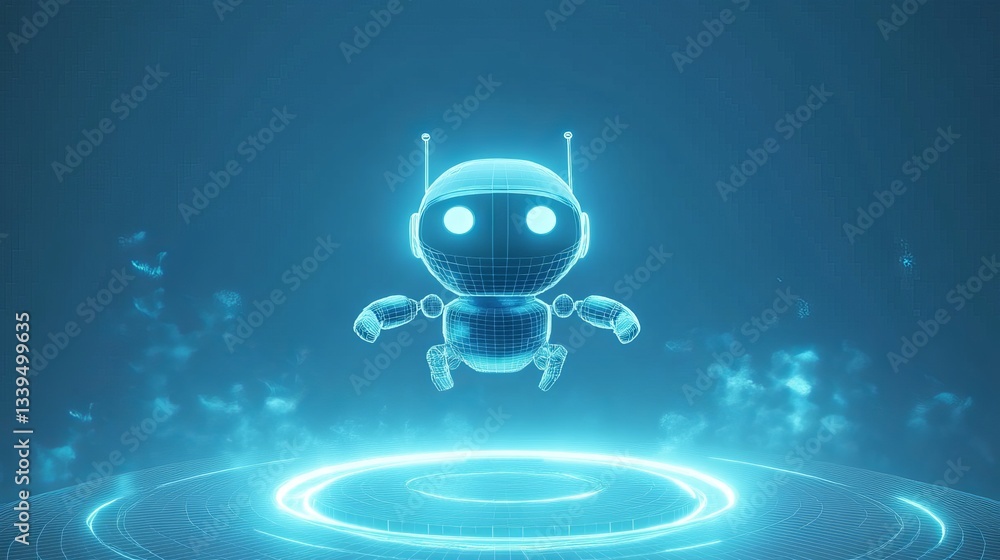 Poster 3d abstract ai robot floating above a neon light blue portal technology innovation background cute p