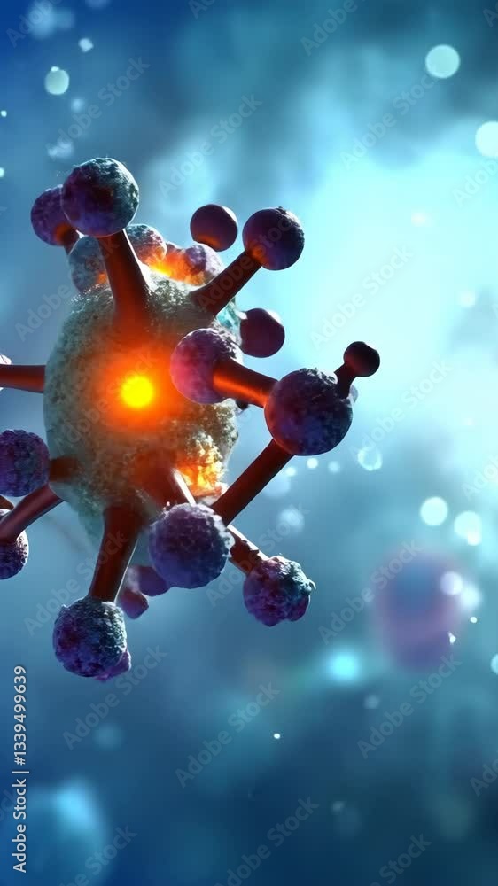 Poster intricate molecular structure illuminated by glowing particles in a dynamic environment