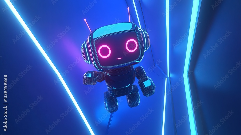 Poster 3d abstract ai robot floating above a neon light blue portal technology innovation background cute p