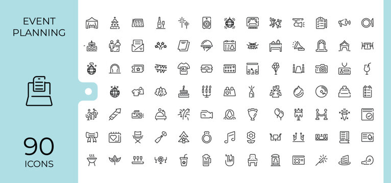 Event Planning icon pack. Containing planning, plan, conference, celebration, birthday, art and more. Minimal icons collection. Event modern icon set. Editable vector illustration.