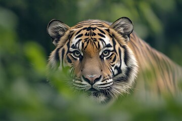 Fototapeta premium tiger emerging from dense bamboo forest with its piercing eyes locked on camera
