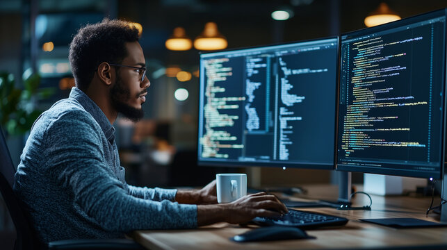 Modern Programmer Workspace with Dual Monitors and Collaboration