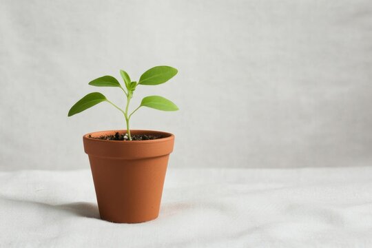 Fototapeta tiny terracotta pot with newly sprouted plant delicately placed on light linen cloth