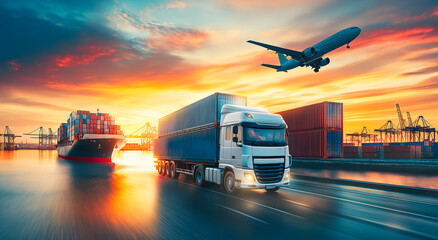 Global logistics and transportation at sunset, Multimodal freight with truck, cargo ship and airplane against dramatic sky, Commercial shipping and supply chain concept