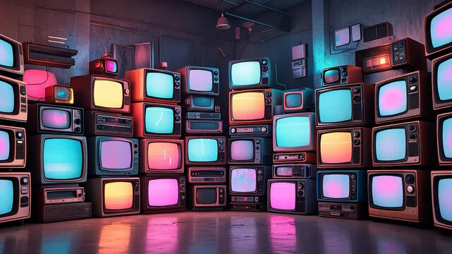 Vintage Television Wall with Stacked Retro TVs Emitting Colorful Neon Glow in a Dimly Lit Room with a Retro Aesthetic

