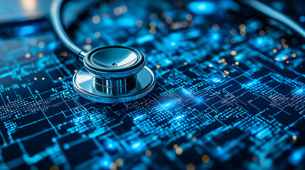 Digital healthcare technology concept, Medical stethoscope on circuit board with glowing blue lights, Healthcare innovation and medical data analytics visualization