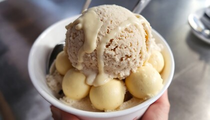A bowl of ice cream with a large scoop and small yellow scoops topped with a creamy white sauce drizzle
