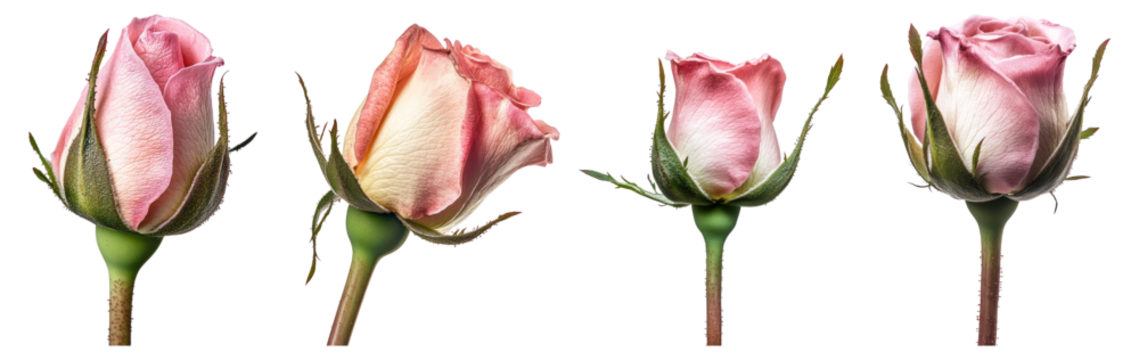 Beautiful Pink Rose Buds in Different Stages of Blooming Process, Isolated on Transparent Background