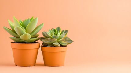 Obraz premium Two vibrant succulent plants in terracotta pots against a soft peach background, ideal for decor