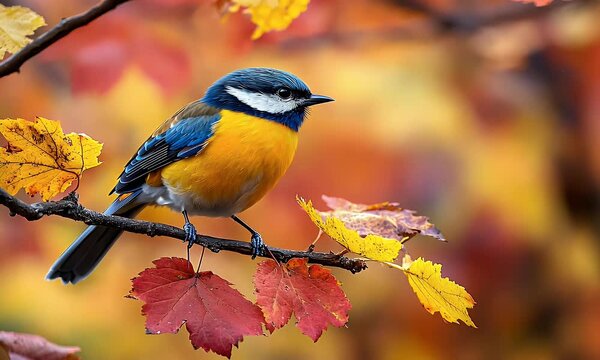A vibrant blue tit perched on a branch surrounded by colorful autumn leaves.