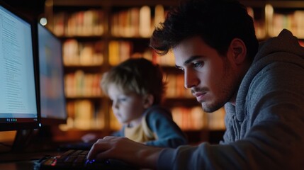 Man working on laptop with kid