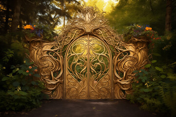 An enchanted garden gate with a golden "Welcome" sign