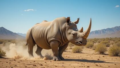 Fototapeta premium A powerful rhinoceros in a bright desert setting