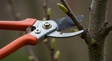 Macro photography of pruning tree buds with sharp shears in a serene spring gardening environment