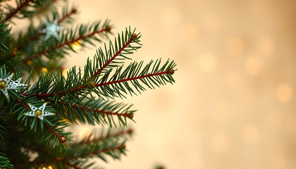 Obraz premium Christmas tree branch with blurred golden background , with white tonespng