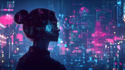 A futuristic image of a woman in a digital space, great for illustrations in articles about technology, artificial intelligence or science fiction.
