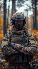 Fototapeta premium Silhouette of a soldier in the forest, fall leaves on the ground, military equipment, protective helmet and mask, tactical glove, will be appropriate for themes related to military operations