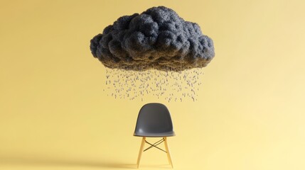 Minimalist Chair Beneath Rain Cloud on Yellow Background - Conceptual Weather Mood
