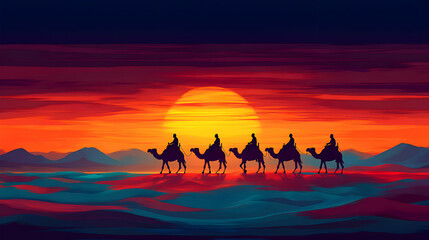 Naklejka premium A colorful caravan crossing the Namib Desert, with camels and riders silhouetted against a glowing orange horizon
