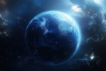 Obraz premium A blue futuristic planet way out in space, exploration concept