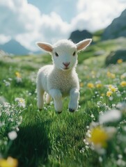 Lamb Running Through Flowers