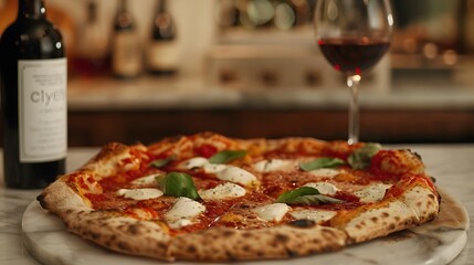 A freshly baked Neapolitan pizza cut into slices, served on a marble countertop with a bottle of red wine in the background.