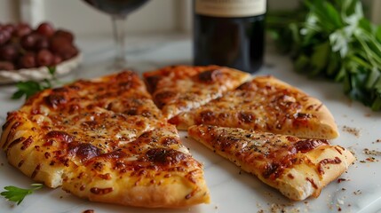 A freshly baked Neapolitan pizza cut into slices, served on a marble countertop with a bottle of red wine in the background.