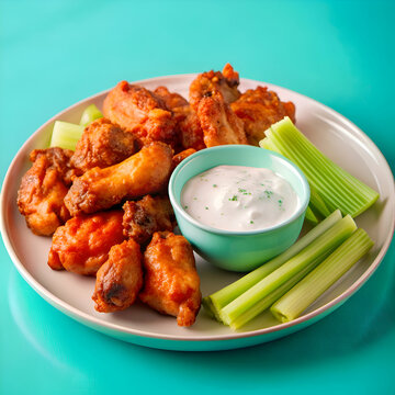 Crispy Buffalo Wings with Celery and Ranch Dressing