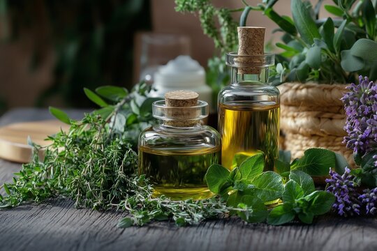 Fresh Herbs and Oils Enhance Natural Cosmetic Products in a Serene Workspace Generative AI