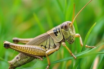 Grasshopper Resting on Lush Green Grass Showcasing Intricate Body Textures During a Sunny Afternoon Generative AI