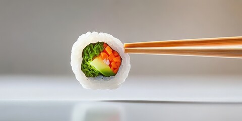 A single piece of sushi held by wooden chopsticks