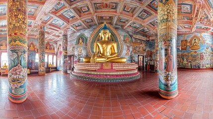 Obraz premium A large gold statue of Buddha sits in the center of a room with a red carpet