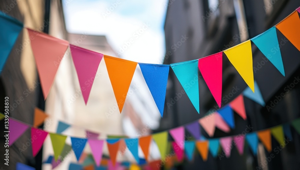 Poster colorful bunting for outdoor celebrations, featuring vibrant triangular flags hanging in an array of