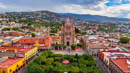 Front aerial view of the San Miguel de Arcangel parish church in San Miguel de Allende, Mexico.