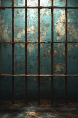 Rusty Prison Bars Against a Weathered Blue Wall Evoking Confinement and Decay in a Dark and Gritty Vertical Composition