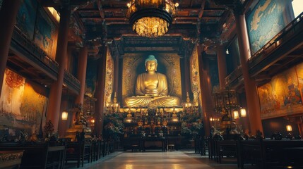 Obraz premium A large room with a gold statue of Buddha in the center